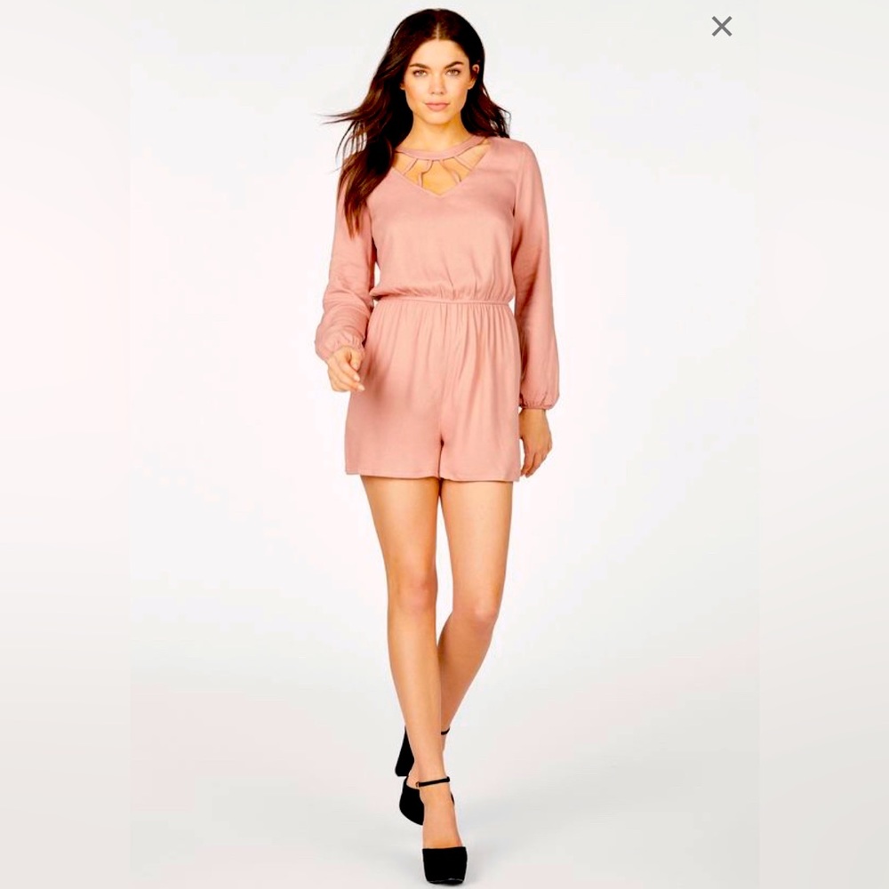 long sleeve caged neck romper JustFab